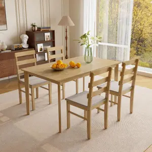 【Bellemave】Original wood color solid wood dining table and chair set 5 pieces dining room table and chair set including 1 rectangle table + 4 back chairs Practical household wooden dining table and chair set