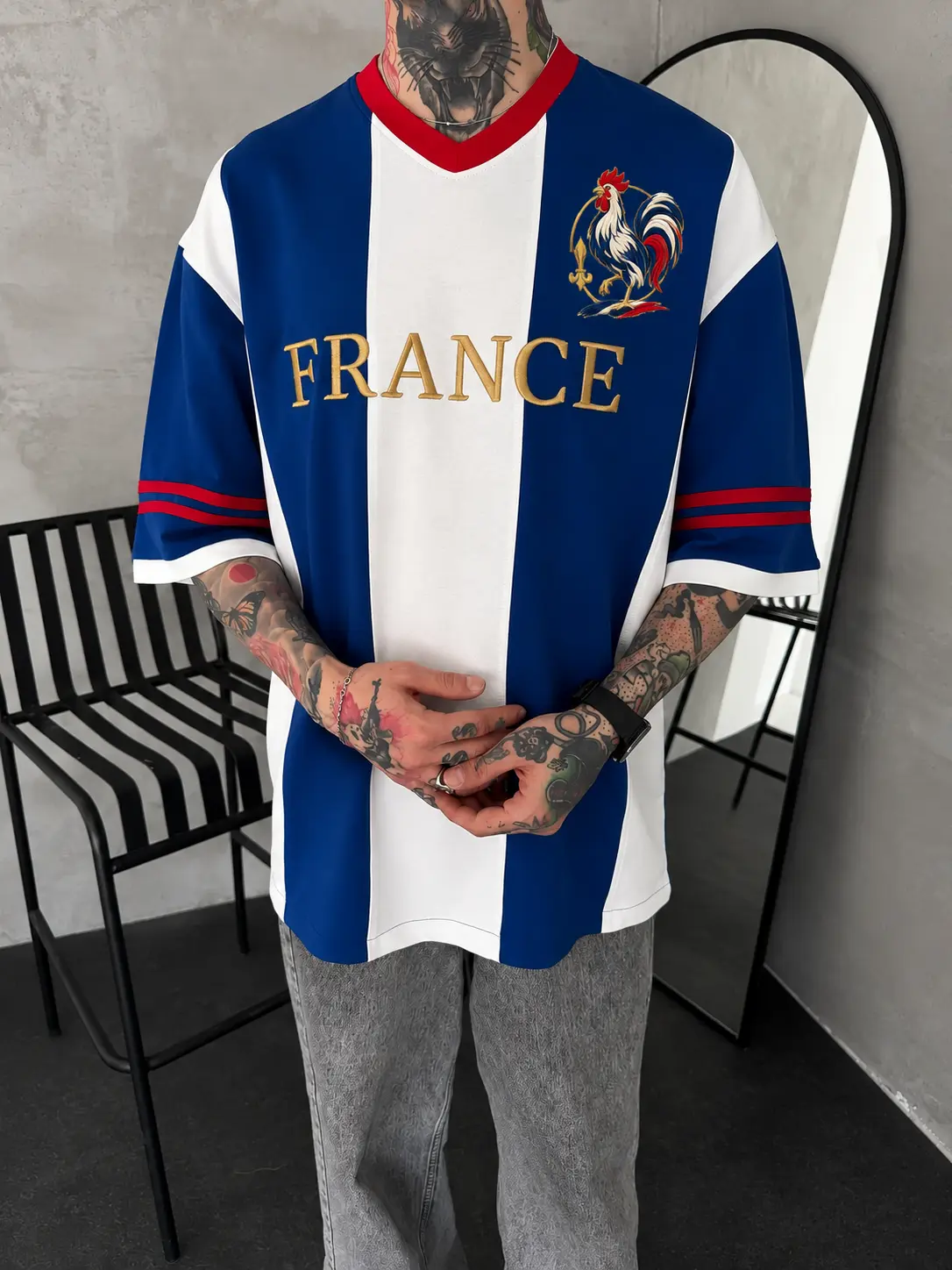 Retro France Football Jersey Shirt – Vintage-Inspired Tricolor Sportswear, Classic Striped Soccer Top with Embroidered Rooster Crest, Oversized Unisex Casual Streetwear for Game Day, Summer & Everyday Wear