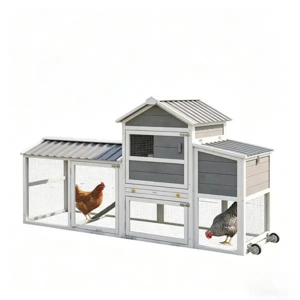 80in Mobile Chicken Coop - Pine Wood Portable Poultry House with Run, Nesting Box, Solid Frame, Wheels & Easy Cleaning for Chickens