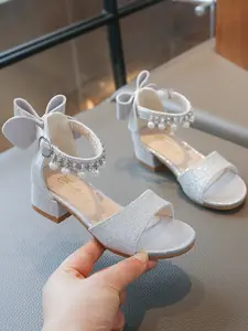 Girls' High Heel Princess Sandals, Sweet Bow and Pearl Rhinestone Decor, Fashionable Sandals, Casual PU Leather, Perfect for Daily Wear, Stage Performances, Dress Events
