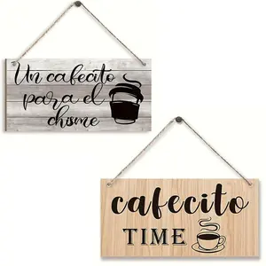 Coffee Time Letter Pattern Wooden Hanging Sign, 2 Counts/set Rustic Wall Hanging Decor, Wall Decor for Home Living Room Bedroom Garden