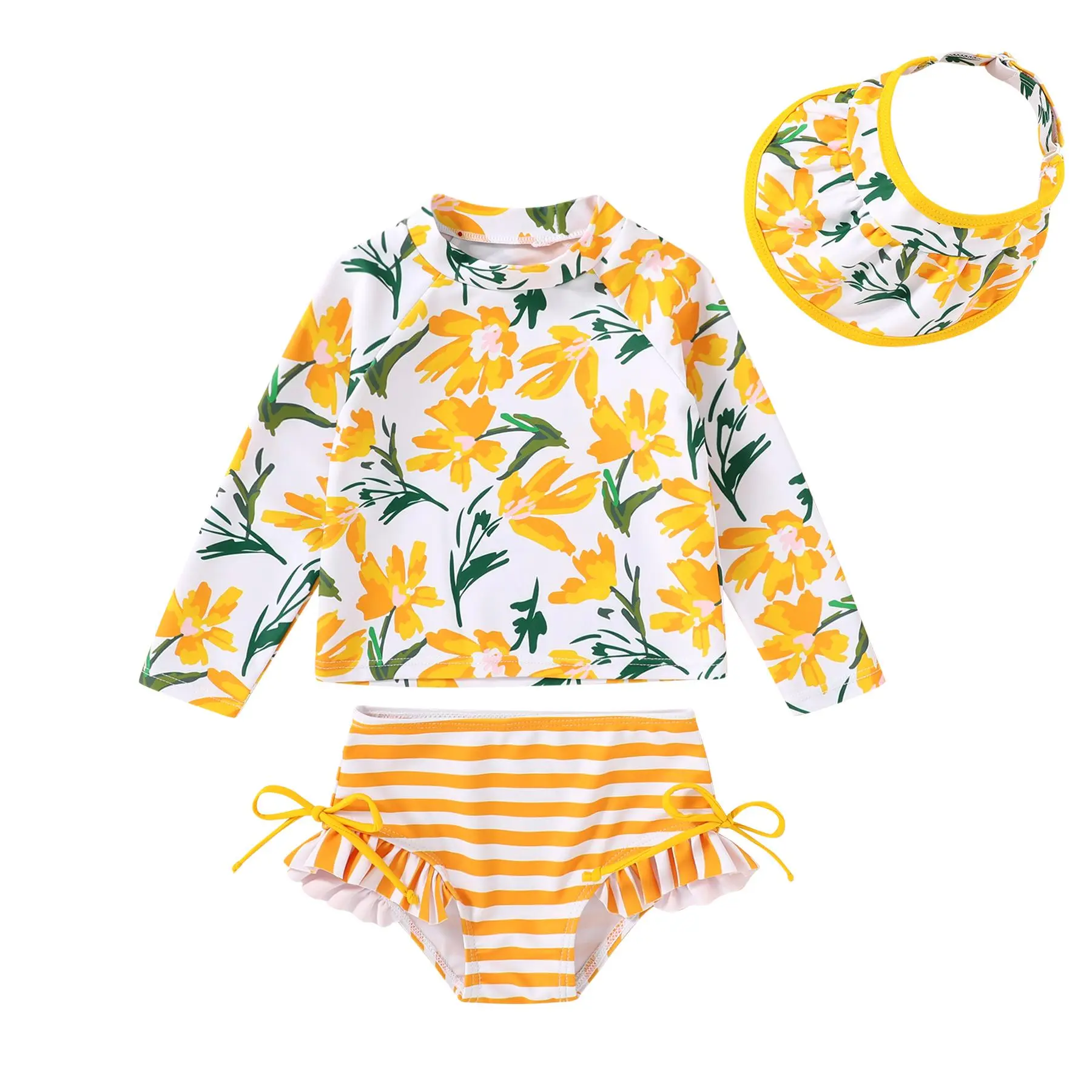 Toddler Baby Girls Swimsuit Long Sleeve Bathing Suit Rash Guard Swim Suit Bikini Set UPF 50+