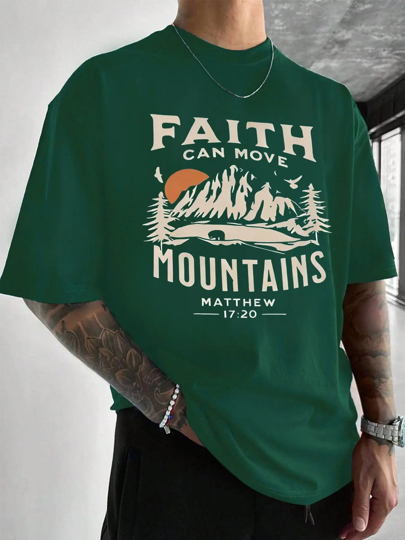 Men's Classic Letter Graphic Mountain Print T-Shirt, Summer Round Neck Short Sleeve Casual Comfort Top, Outdoor Wear, Loose Fit, Green