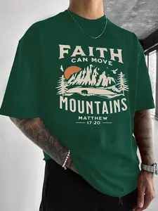 Men's Classic Letter Graphic Mountain Print T-Shirt, Summer Round Neck Short Sleeve Casual Streetwear Comfort Top, Outdoor Wear, Loose Fit