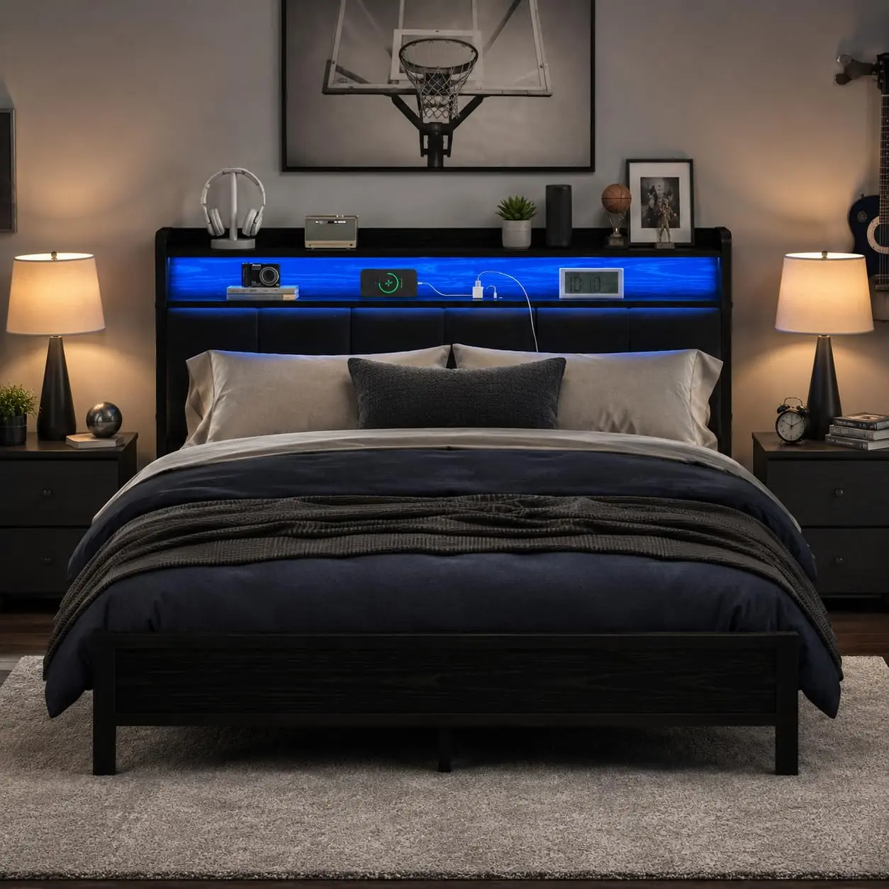 [SummerSale] HOMBCK Bed Frame with LED Lights and Charging Station, Upholstered Storage Headboard, Metal Platform Bed Frame with Metal Slats, No Box Spring Needed, Easy Assembly#home essentials#back to school