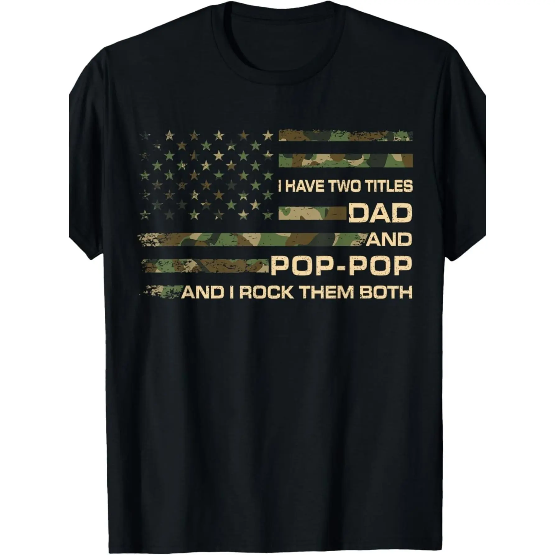 Men's Oversized Funny "Dad & Pop-Pop Two Titles" Camo American Flag Graphic Tee, 100% Cotton Breathable Crew Neck Casual Streetwear Relaxed Short-Sleeve Tee