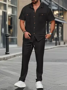 Men's Breathable Waffle Knit Set, Short Sleeve Shirt with Dual Chest Pockets + Drawstring Pants, Business Casual