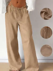 Women Linen Wide Leg Pants High Waisted Drawstring Elastic Waist Loose Fit Palazzo Trousers Breathable Lightweight Summer Beach Vacation Casual Lounge Pants Flowy Long Pants With Pockets Boho Resort Travel Outfit Casual Chic Bottoms