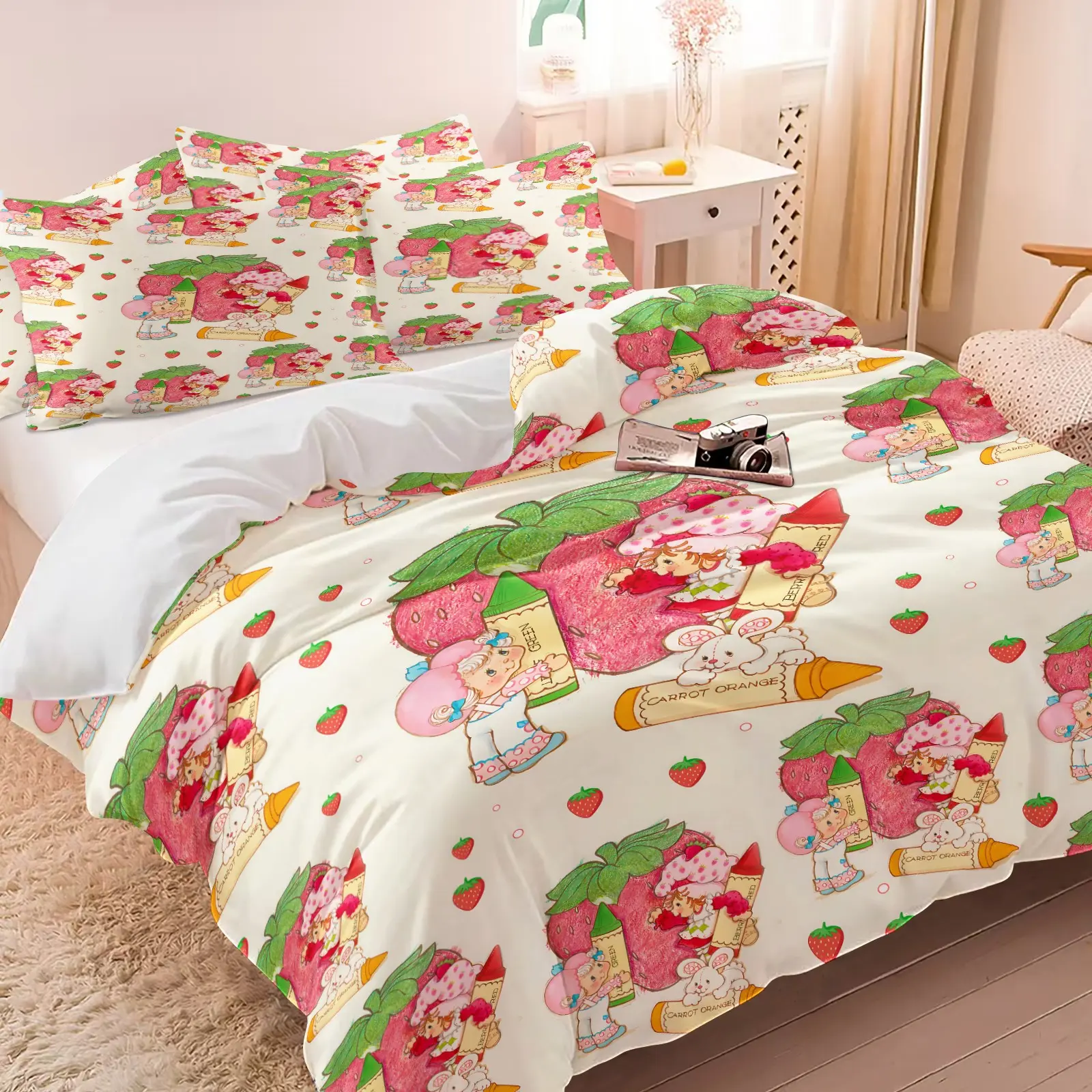 Strawberry Shortcake Duvet Cover Set, 1 Duvet Cover + 1/2 Pillowcases, Vintage Cartoon Strawberry Girl Print Bedding, Printed Bedding Set, Ultra Soft Breathable Microfiber, Comfy Bed Sets, All Season Comfort for Girls Bedroom Decor
