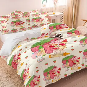 Strawberry Shortcake Duvet Cover Set, 1 Duvet Cover + 1/2 Pillowcases, Vintage Cartoon Strawberry Girl Print Bedding, Ultra Soft Breathable Microfiber, All Season Comfort for Girls Bedroom Decor