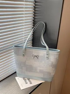 2026 New Soft Plaid Metal Bow Totem Bag, Large Capacity Practical Commute Shoulder Bag, Versatile Canvas Bag for Students and Office Workers