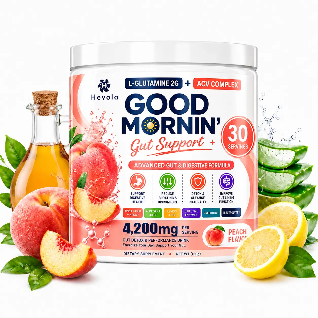 Gut Support Powder 4200mg - Advanced Digestive HealthFormula with Apple Cider Vinegar, L-Glutamine 5g, Prebiotics& Digestive Enzymes, Helps Reduce Bloating, Support GutLining & Digestive Comfort, 30 Servings