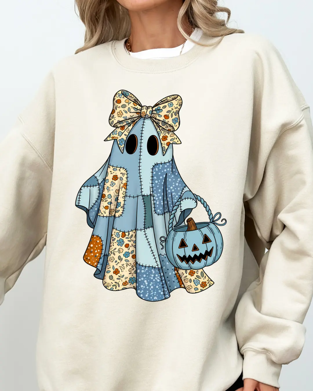 Denim Ghost Patchwork Halloween Sweatshirt - Autumn Unisex Apparel Relaxed Fit Printed In The USA Clothing Womenswear Casual Comfort Cotton Top Athletic Boho Chic garment-dyed heavyweight Crewneck