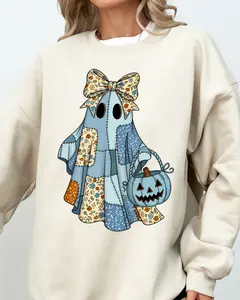 Denim Ghost Patchwork Halloween Sweatshirt - Autumn Unisex Apparel Relaxed Fit Printed In The USA Clothing Womenswear Casual Comfort Cotton Top Athletic Boho Chic garment-dyed heavyweight Crewneck
