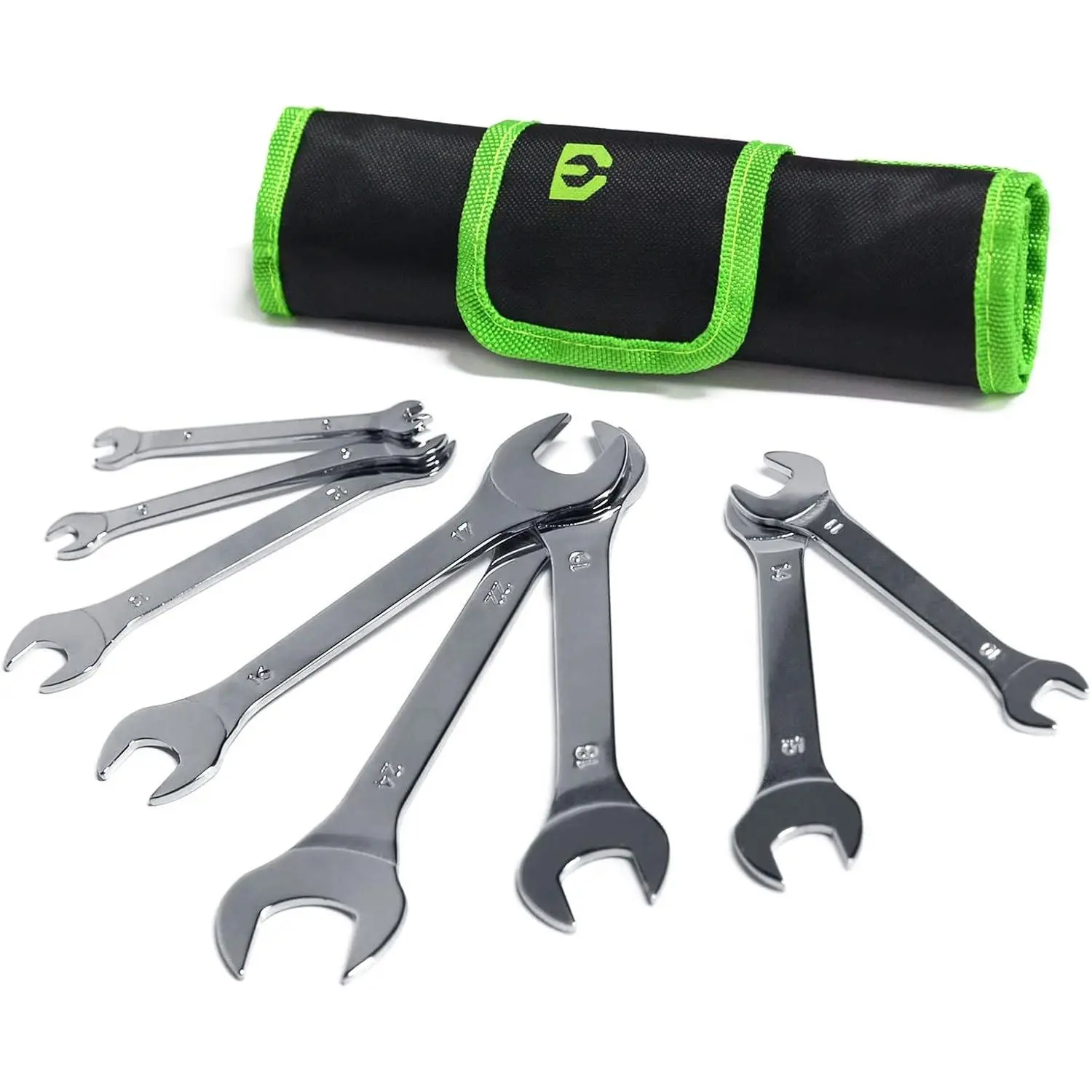 Super-Thin Open End Wrench Set, Metric, 8-, Including 6, 7, 8, 9, 10, 11, 12, 13, 14, 15, 16, 17, 18, 19, 22, 24 mm, Slim Spanner Wrench Set with Rolling Pouch