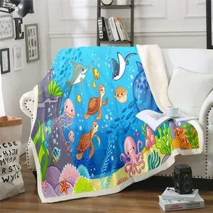 Feelyou Ocean Sherpa Flannel Blanket - Cartoon Whale, Sea Turtle & Sea Creature Plush Fluffy Throw, Cozy Microfiber Companion for Bed, Couch, Travel Blanket, Flannel Blankets