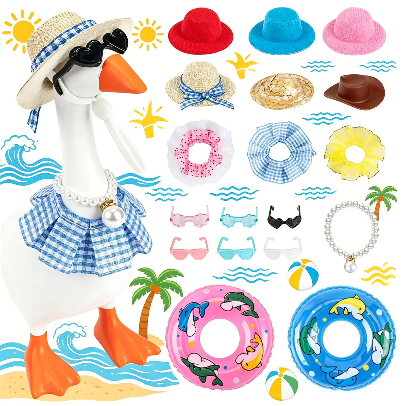 18PCS Desk Goose Outfits Summer Decoration Set Party Packs, Including Fun Little Goose Hats, Glasses, And Bikinis with Swim Rings, As Well As Ultra-Short Mesh Skirt Beach Bikini Style