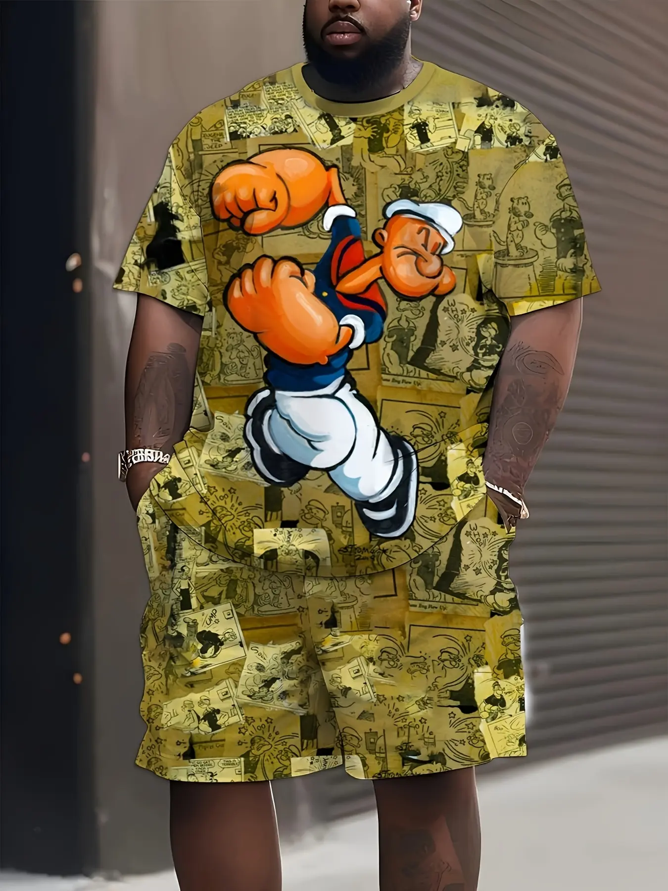 Large-size men's cartoon print short-sleeved short pants set, fashionable style, large-size fitting, Shorts Set Tracksuits
