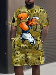 Large-size men's cartoon print short-sleeved short pants set, fashionable style, large-size fitting
