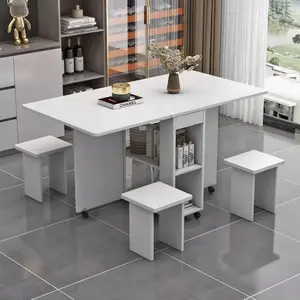 47.2" Folding Drop Leaf Dining Table Set for 4, Space-Saving Foldable Table with 4 Chairs & 6 Wheels, Storage Cabinet Design, Easy Assembly