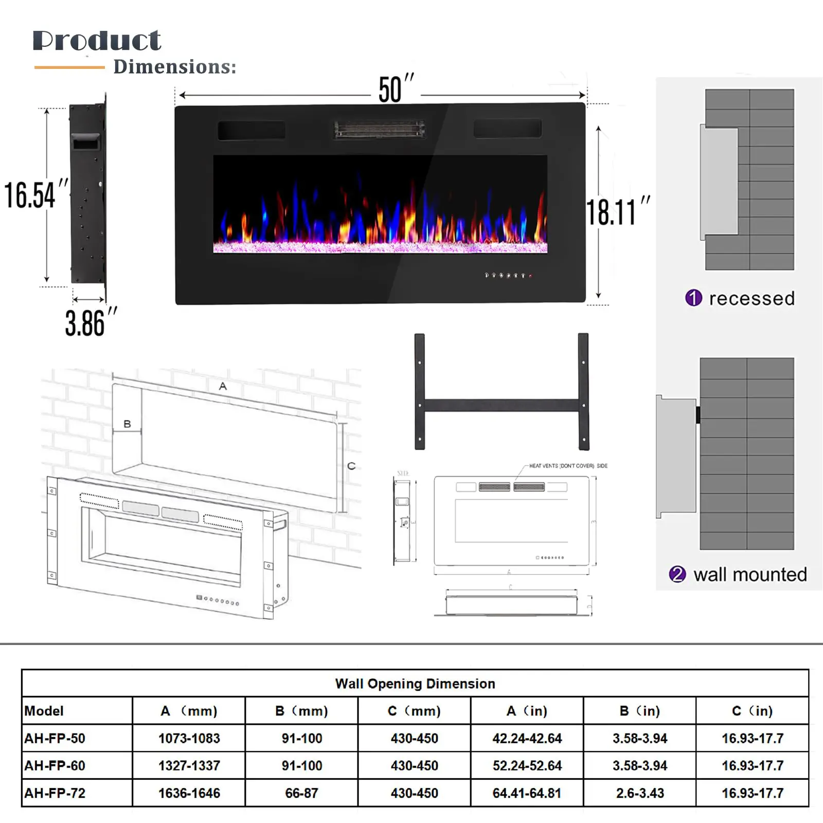 50" (3.86"D x 50"W x 18.1"H)