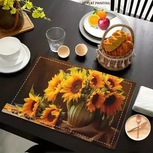 2D flat printing, 2-piece/4-piece 6-piece set, sunflower printed placemat, Dining Table Mats, linen table mat, washable kitchen dining decoration, party heat-resistant mat, holiday accessories, scene decoration