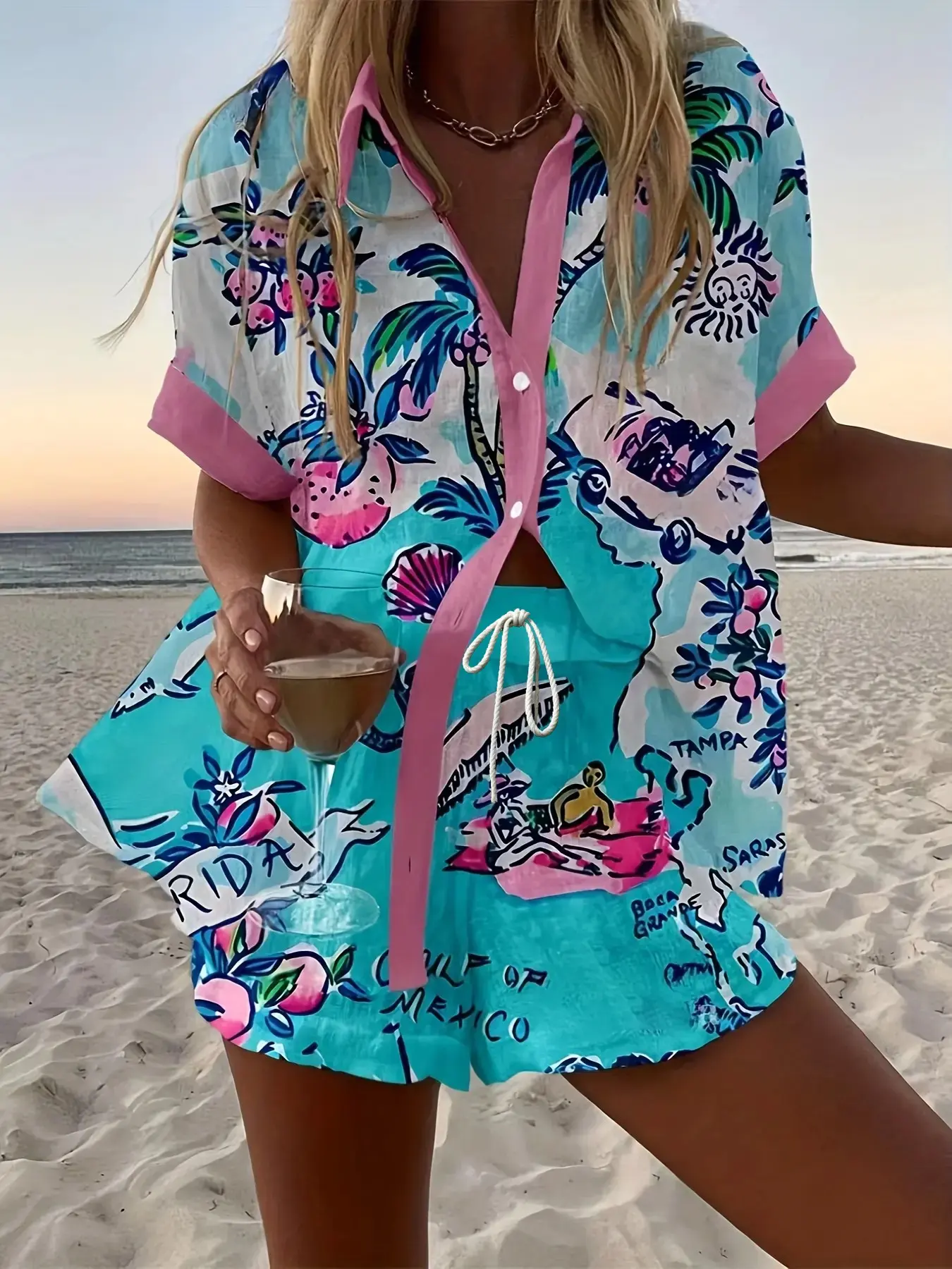 Women's Short Sleeve Beach Vacation Style Printed Shirt + Shorts Set Beach Outfits Set