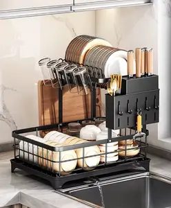 Space-Saving Kitchen Dish Drying Rack, Multifunctional Rustproof Kitchen Dish Drying Rack with Drainboard, Rectangle Design