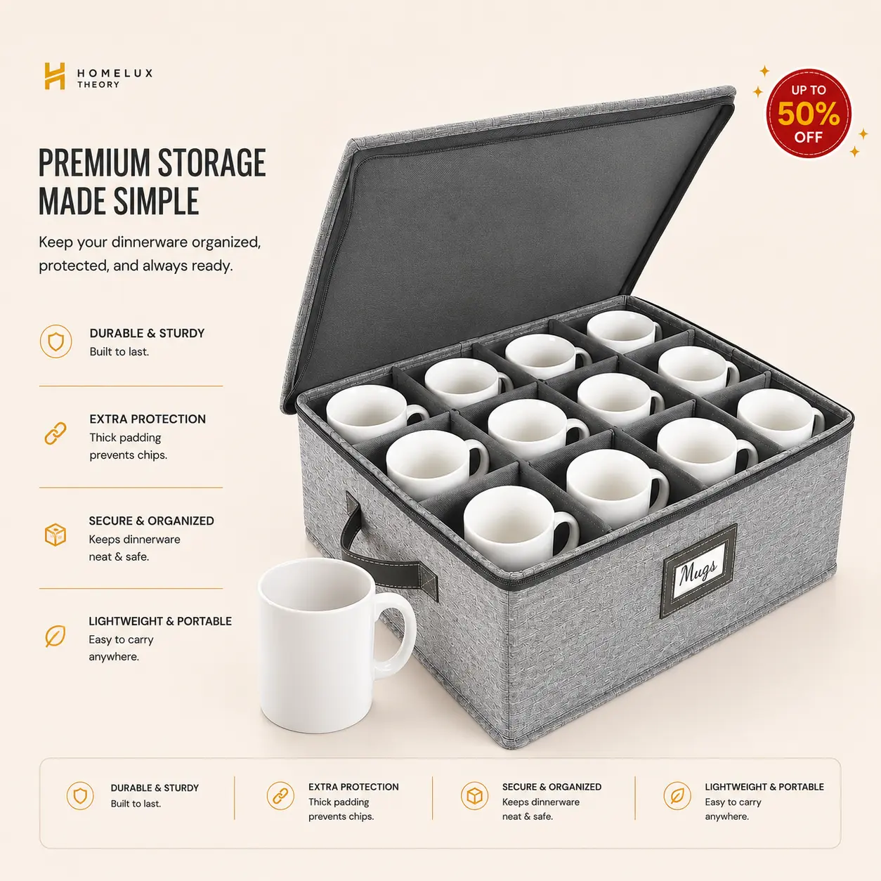 Mug Storage Box with Dividers & Hard Shell Lid – Heavy Duty Coffee Cup & Glassware Storage Container with Sturdy Handle for China & Kitchen Storage | Homelux Theory sohochic