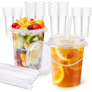 15 Pack 34 oz Drink Buckets with  and Straws, Clear Plastic Cups with Handles Disposable for Party, Pool, Picnic, Coffee, Lemonade