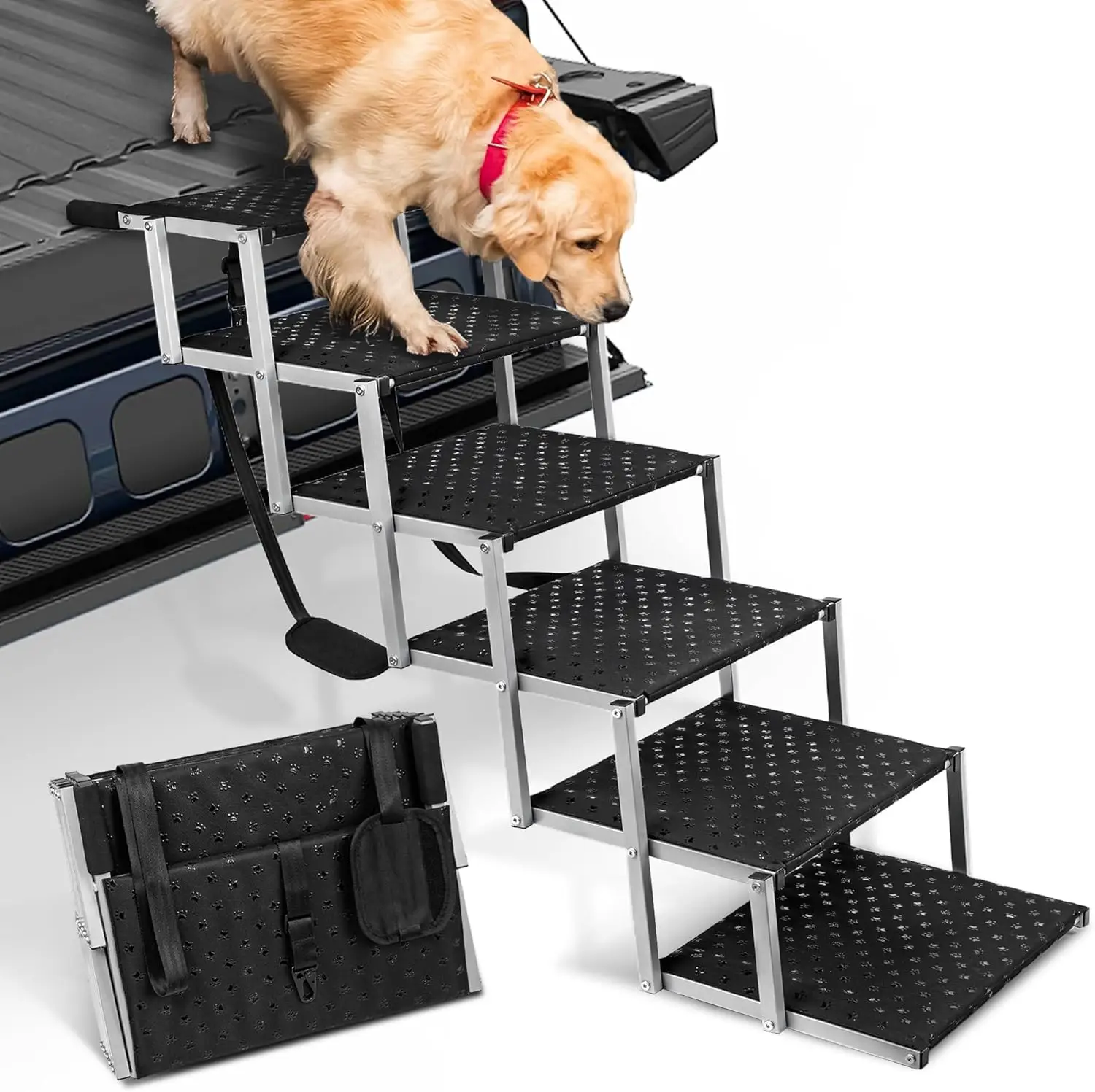Niubya Dog Ramps for Cars, Portable Folding Dog Stairs for Cars, SUV, Trucks, Lightweight Pet Ramp for Large Dogs with Non-Slip Surface, Reinforced Do