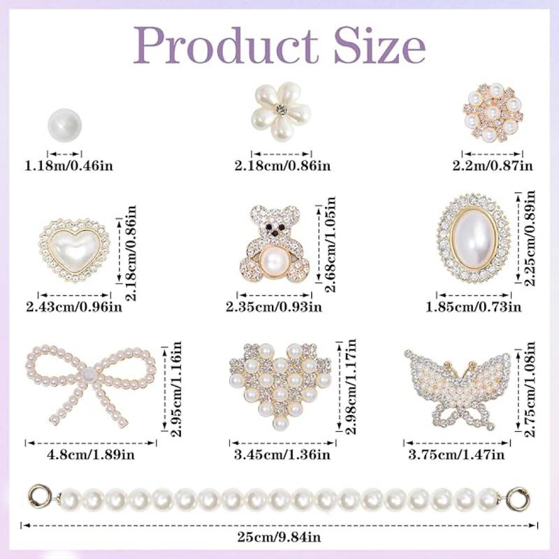 24 Pcs Shoe Charms Chain Accessories for Women Pearl Flower Clog Shoe Decoration Charms Rhinestone Shoes Charms Bling Cute Decor for Party Birthday Footwear Shiny