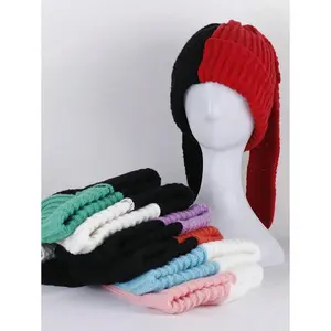 1pc Women's Knitted Color Blocked Rabbit Ear Beanie Hat, Fashionable, Cute, Practical For Daily Wear Winter Fall
