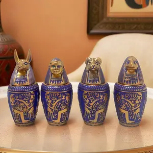 Ancient Egyptian Canopic Jar Set, Luxury Vintage Style, Cultural Storage Decor, Blue Gold Texture, God Head Details, Ideal for Collectors