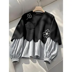 Loose Round Neck Long Sleeve Knit Patchwork Striped Floral Embroidery Pocket Casual Hoodie, Women's Comfortable Pullover Sweater