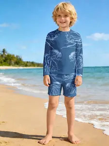 Spring and Summer Collection Blue Jellyfish Pattern Print On Swim Suit Boy's Leica Shorts + Long Sleeve Swimsuit Set two-piece sun protection Quick-drying and breathable, skin-friendly and soft beach vacation casual versatile children's separate