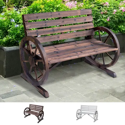 Outsunny Solid Fir Wood 2-Person Garden Bench, Home Outdoor Furniture with Large Slatted Seat, Sturdy Construction, Supports 550lbs, Wagon Wheel Design for Backyard Patio, Rustic Country Style for Friends