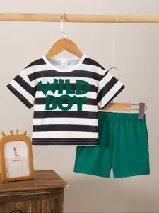 Boys' Casual Letter Stripe Print Short Sleeve T-Shirt & Shorts Set, Clothes Kids, Summer for Daily Wear & Outdoor Activities, Striped Sets