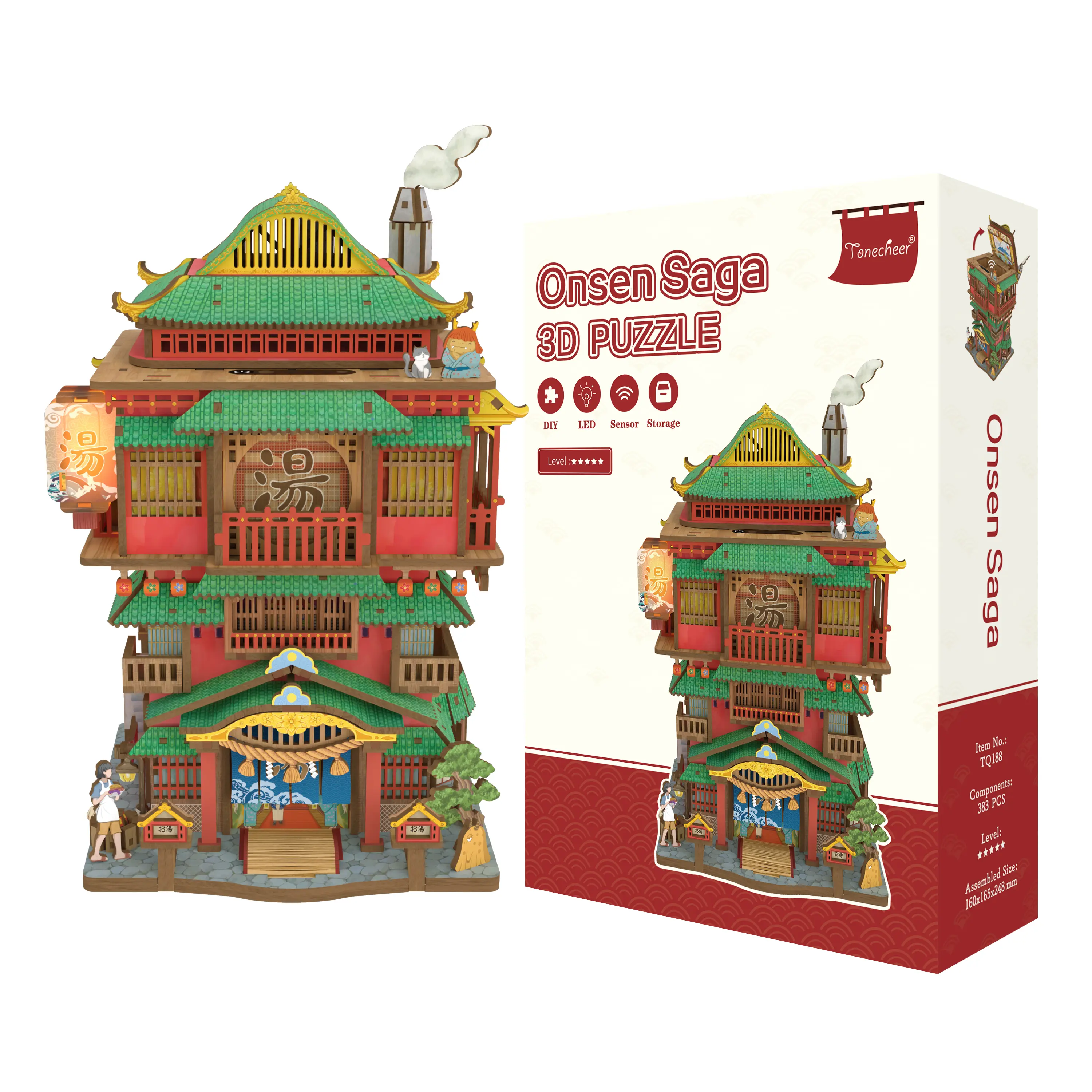 Tonecheer Unisex 3D Wooden Jigsaw Puzzle Kit - DIY Flat Board Wood Craft Kits with Desktop Storage, Secret Storage Spaces, Japanese Onsen Saga Miniatures Dollhouse, Auto-Sensing Home Decor Collectible Gift for Christmas,Birthday