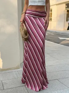 Women Multicolor Striped Maxi Skirt High Waist Satin Long Skirt Slim Fit Flowy Bodycon Skirt Elegant Summer Vacation Beach Skirt Y2K Streetwear Casual Going Out Outfit Chic Boho Vintage Long Skirt for Women
