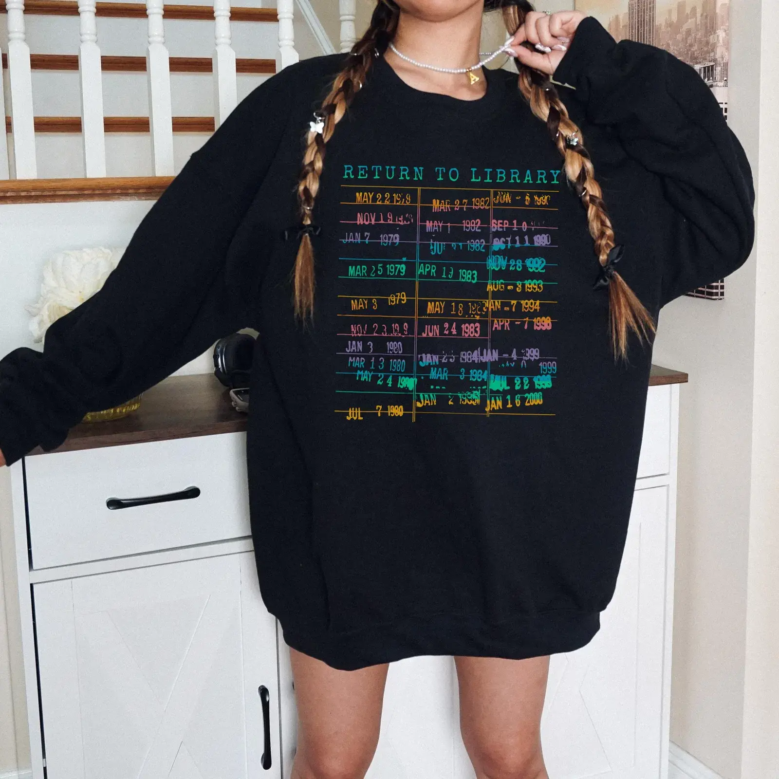 Vintage Library Rainbow Sweatshirt, Book Due Date Shirt to Return to Library, Reader Gift for Her and Him, Librarian, English Teacher, Crewneck