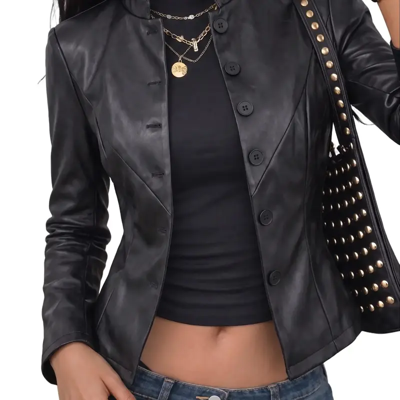 Women's Chic Soft Faux Leather Biker Jacket - Lightweight Fitted Zip-Up Short Moto Outerwear with Stand Collar, Knit-Accent Boat Neck, for Everyday Outdoors, Party (Not for Evening Use)