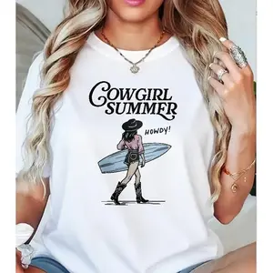 Cowgirl Summer T-Shirt, Surfing Cowgirl Graphic Tee, Western Casual Shirt