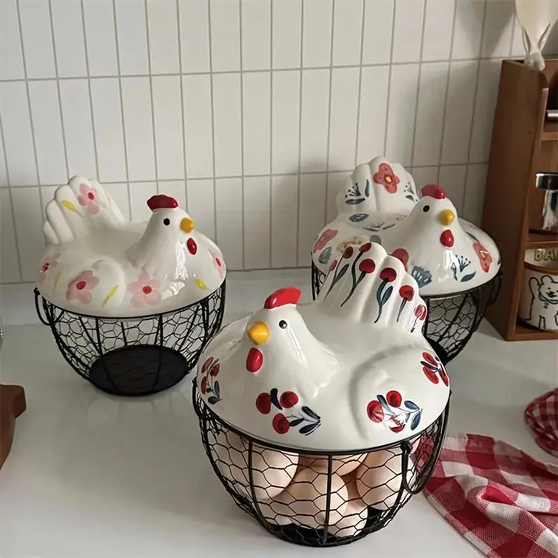 Ceramic Egg Basket with Lid, Farmhouse Style Egg Holder for Kitchen Storage, Small Decorative Egg Storage Rack with Chicken & Floral Pattern, Dust-Proof Sealed Metal Handle, Fruit Vegetable Organizer Basket for Countertop Decor