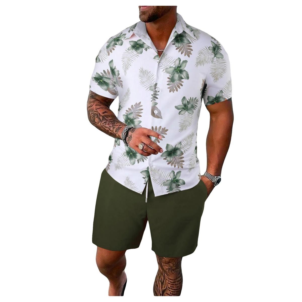 Men's 2 Piece Matching Sets - Classic Tropical Plant Print Short-Sleeve Hawaiian Shirt & Stretch Shorts, Breathable Quick-Dry Lightweight Casual Multi-Size Menswear Vacation Outdoor Outfit
