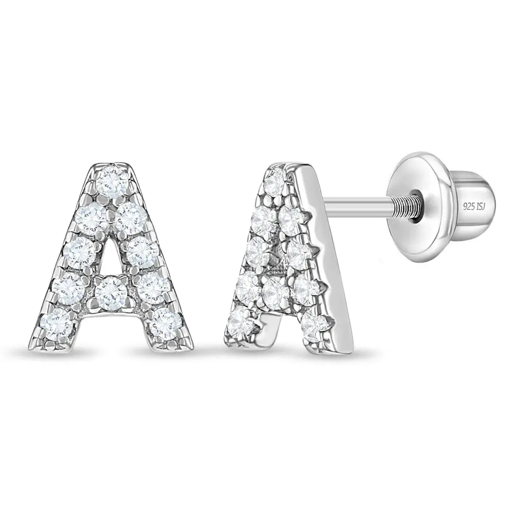 Cubic Zirconia Letter Initial Teen Earrings Screw Back - Sterling Silver