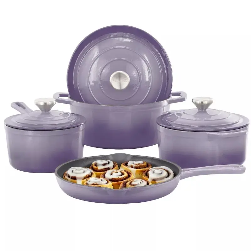 Mega Chef MC-CI7SET-PUR Stylish Enameled Cast Iron Cookware Set - Purple, 7-Piece, with Handles, Round Fry Pan & Saucepan