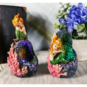 Ebros Nautical Ocean Mermaid Mergirl Sitting by Geode Crystal Cavern Under The Sea Statue with LED Accent Night Lights Set of 2