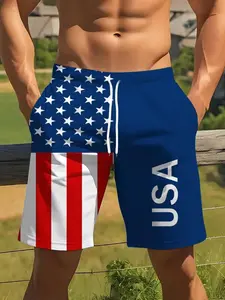 Men's Fashion Beach Shorts, American Flag Usa Letter Pattern, Casual Polyester Drawstring Waist, Lightweight Comfortable Summer Wear, Swimming Shorts