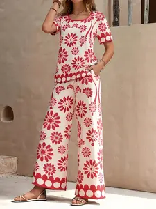 Vintage Bohemian Boho Floral Print Short Sleeve Round Neck Top and Wide Leg Pants Set, Beach Vacation Loose Fit Womenswear Fashion for All Seasons, Fall Outfit, Lady Clothes